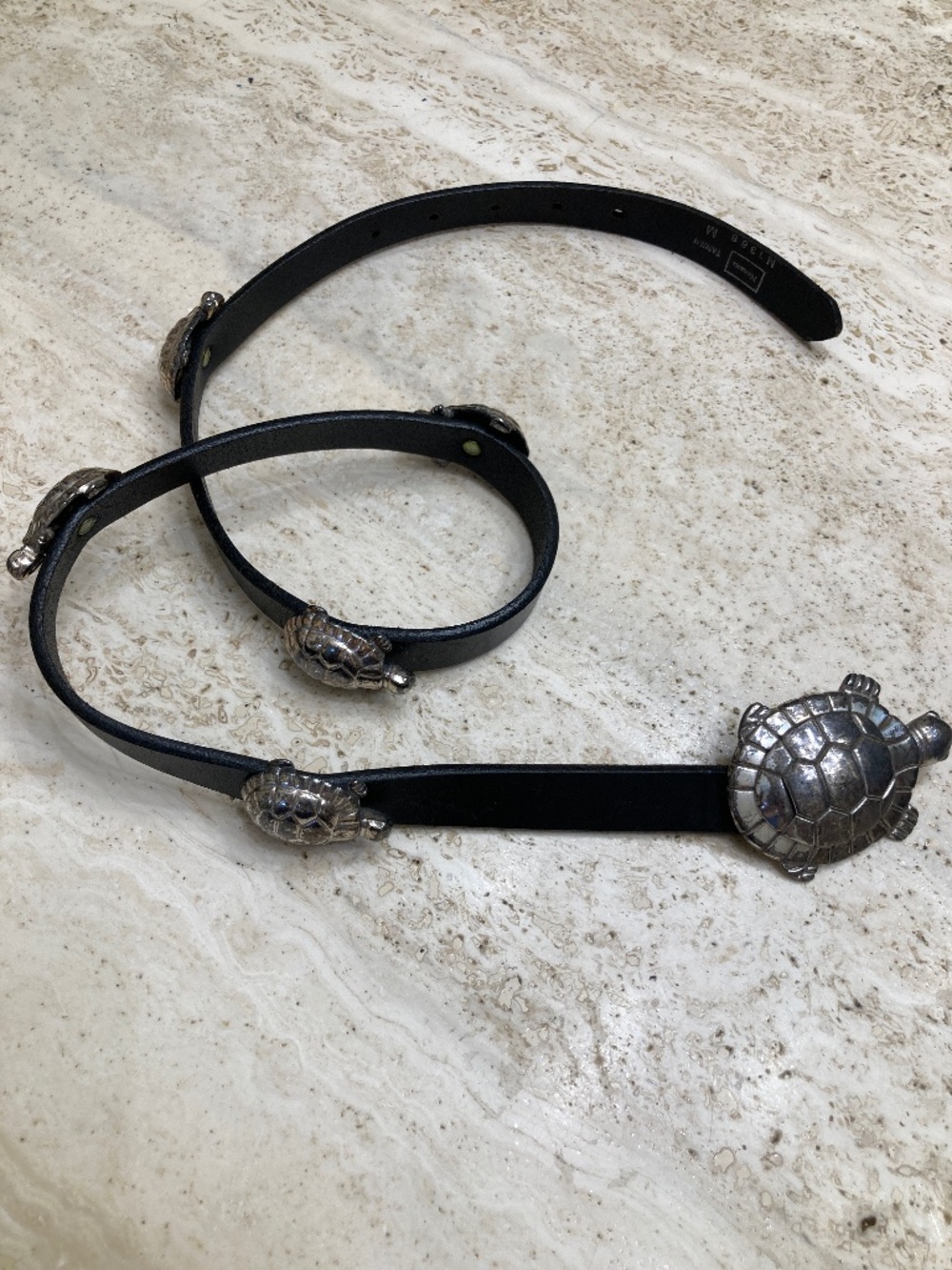 Vintage Navasota Black Leather Belt with Turtles
